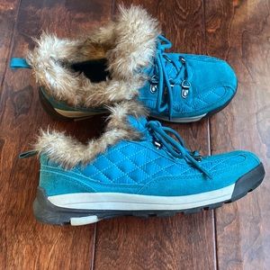 Lands End Women’s Powder Belle Suede Shoe, Faux Fur Trim, Turquoise, Size 8.5
